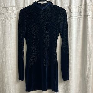 Free People Velvet Dress | Long Sleeve Navy and Black Dress with Sheer Mesh